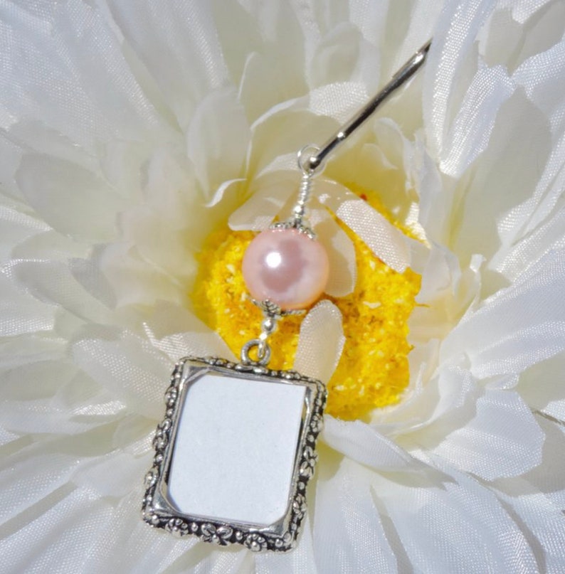 Something blue for the bride to be. Wedding bouquet photo charm with a one or 2 sided small picture frame. Pink