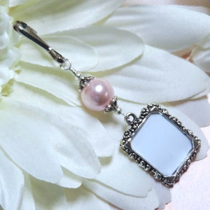 2 sided Wedding bouquet photo charm. DIY or I do photos. Pearl wedding charm. Memorial photo charm 2 sided. Bridal shower gift. Sister gift Pink shell pearl