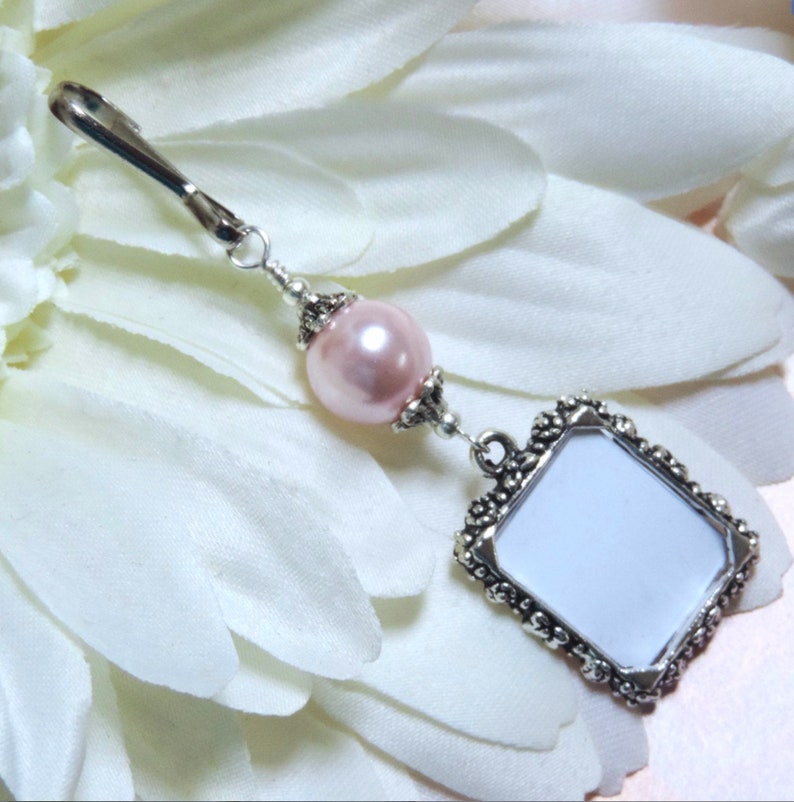 2 sided Wedding bouquet photo charm. DIY or I do photos. Pearl wedding charm. Memorial photo charm 2 sided. Bridal shower gift. Sister gift Pink shell pearl