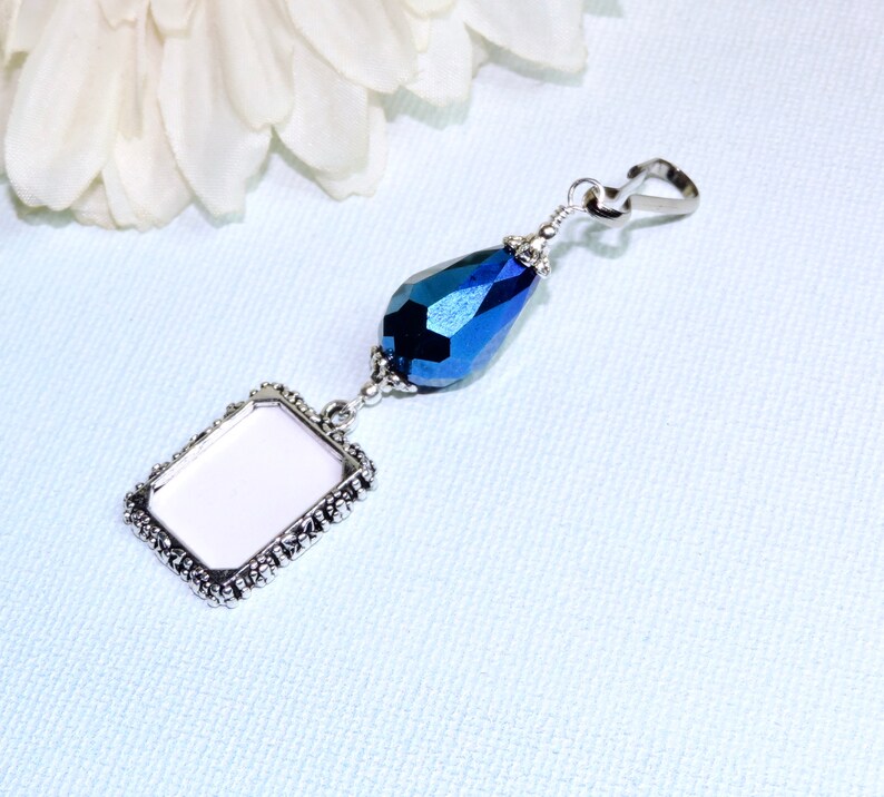 2 sided Wedding bouquet photo charm. DIY or I do photos. Pearl wedding charm. Memorial photo charm 2 sided. Bridal shower gift. Sister gift Met. Blue Teardrop