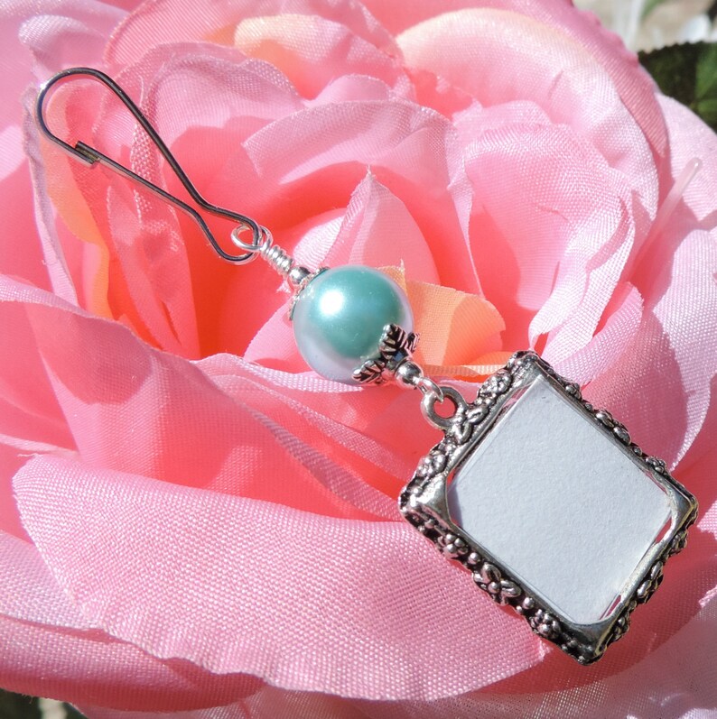 Memorial frame charm with blue pink or white shell pearl. Wedding bouquet photo charm