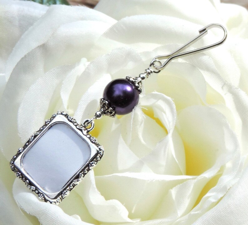 Wedding bouquet photo charm with Freshwater pearl. Memorial photo charm for a bride's bouquet. Vibrant purple pearl