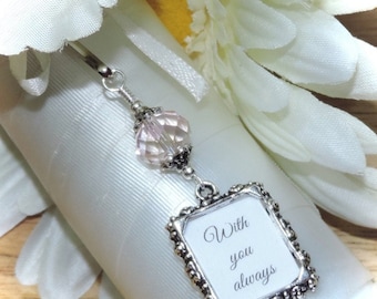 Wedding bouquet photo charm with a crystal and small picture frame.