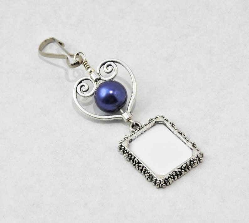 Wedding bouquet and memorial photo charm with crystal and heart. Small picture frame charm for a bridal bouquet. Wedding keepsake. Navy blue pearl