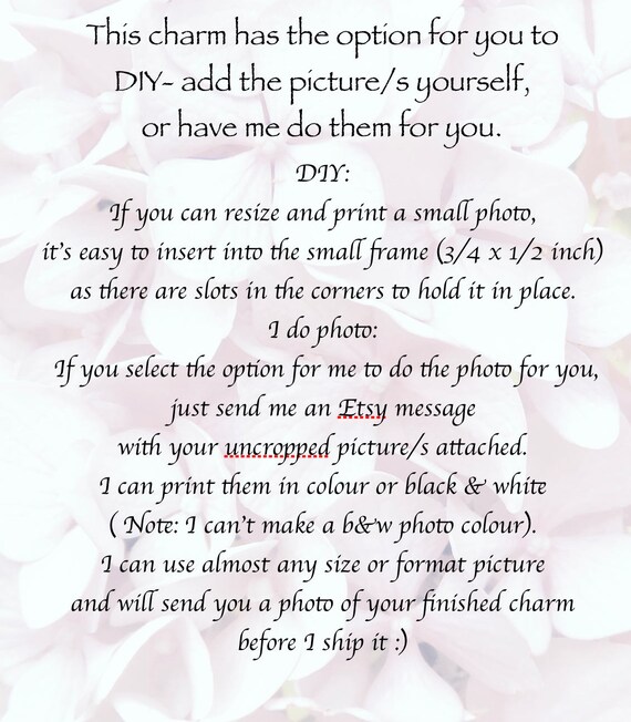 Memorial frame charm with blue pink or white shell pearl. Wedding bouquet photo charm