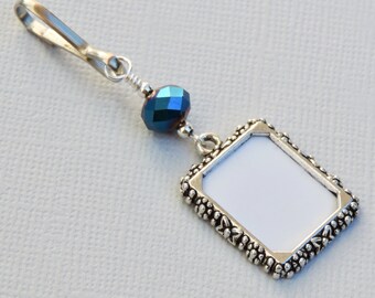 Wedding bouquet photo charm. Small picture frame charm with crystal. Something blue.