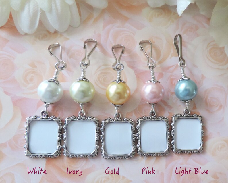 Wedding bouquet photo charm. Choose your colour, pearl memorial charm. Handmade wedding keepsake. image 1