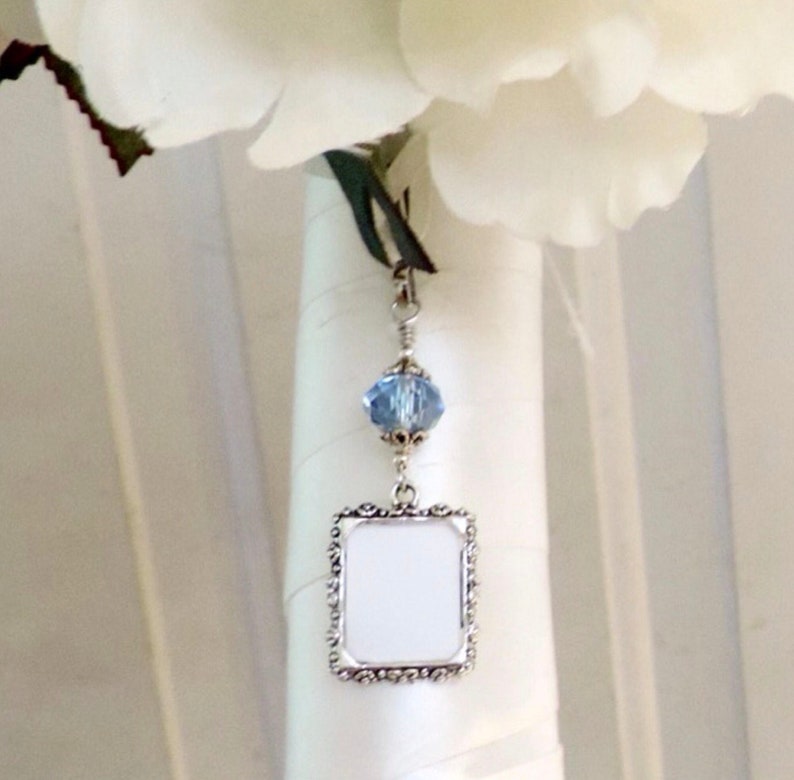 2 sided Wedding bouquet photo charm. DIY or I do photos. Pearl wedding charm. Memorial photo charm 2 sided. Bridal shower gift. Sister gift True blue crystal