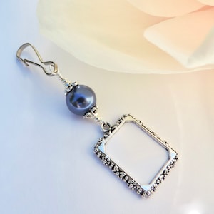 2 sided Wedding bouquet photo charm. DIY or I do photos. Pearl wedding charm. Memorial photo charm 2 sided. Bridal shower gift. Sister gift Navy blue pearl