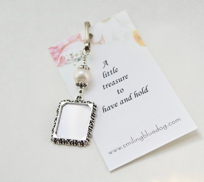 Wedding bouquet photo charm with Freshwater pearl. Memorial photo charm for a bride's bouquet. image 3