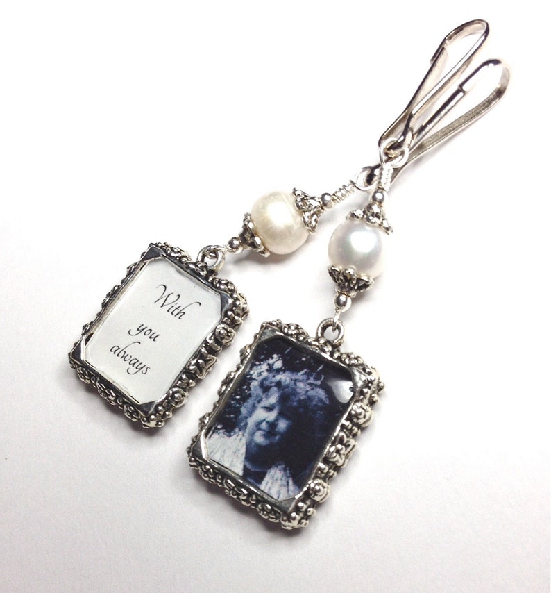 2 sided Wedding bouquet photo charm. DIY or I do photos. Pearl wedding charm. Memorial photo charm 2 sided. Bridal shower gift. Sister gift Freshwater pearl