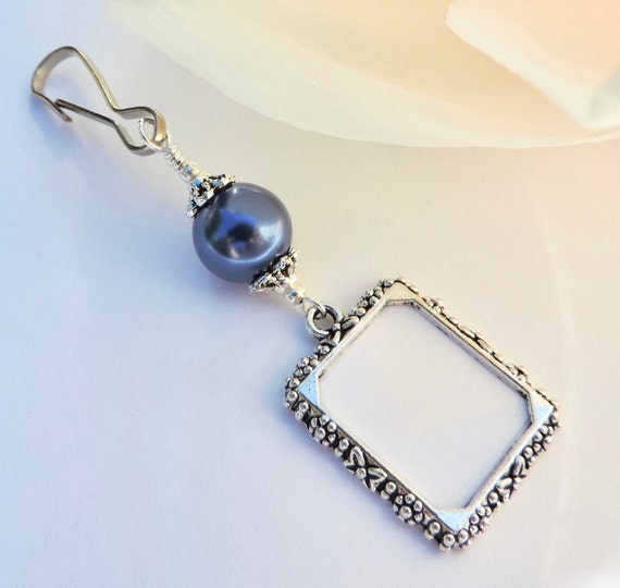 Memorial frame charm with blue pink or white shell pearl. Wedding bouquet photo charm