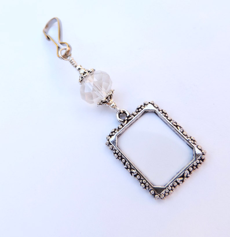 2 sided Wedding bouquet photo charm. DIY or I do photos. Pearl wedding charm. Memorial photo charm 2 sided. Bridal shower gift. Sister gift Clear AB crystal