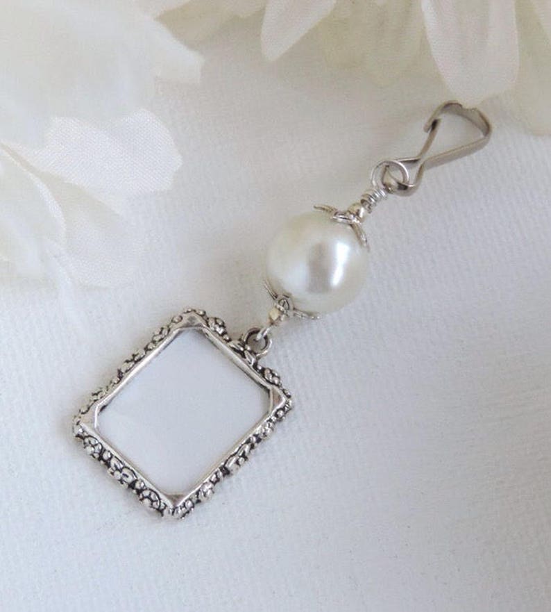 Memorial frame charm with blue pink or white shell pearl. Wedding bouquet photo charm