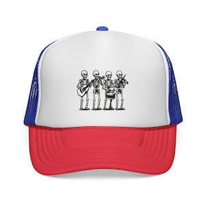 Skeleton Band Trucker Cap, Music Lover Hat, Rock and Roll Headwear, Concert Snapback, Halloween Costume Accessory