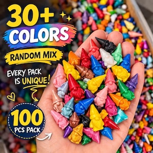May include: A close-up of a hand holding a selection of colourful miniature gnome figurines. The image includes text that reads "30+ COLORS", "RANDOM MIX", "EVERY PACK IS UNIQUE!", and "100 PCS PACK". The gnomes are in various colours.
