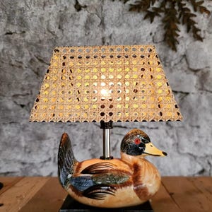 Vintage Ceramic Duck Lamp: Hand-Painted Cane Lampshade