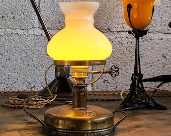 Vintage Opaline Brass Lamp – Upcycled French Stove, Early 20th Century Western Style