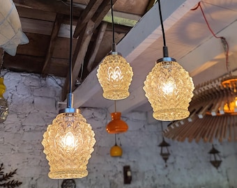 Vintage Chrome & Textured Glass Cascade Pendant Light | 1970s