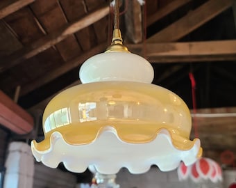 Vintage white and honey opaline pendant light with ruffles - French style, 1960s