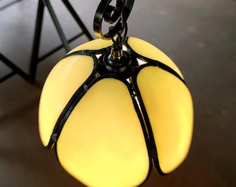 Art Nouveau Stained Glass Pendant Light: Handmade Floral Lamp, 1970s Vintage
