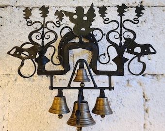 Antique Wrought Iron Wall Bell – Folk Art Sculptural Chime, Early 20th Century Alpine Decor