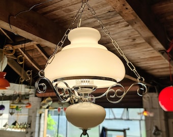 Mid-century French countryside pendant light, white opaline glass