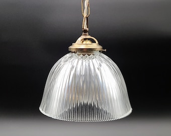 Antique French Holophane glass pendant light - Art Deco Industrial Ceiling Lamp, Prismatic Shade