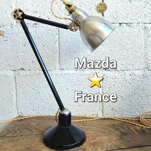 Lámpara de escritorio articulada Mazda, años 30/40: lámpara industrial vintage negra restaurada