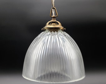 Antique French Holophane glass pendant light - Art Deco Industrial Ceiling Lamp, Prismatic Shade