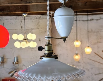 Antique Art Deco French Opaline "Monte et Baisse" Pendant Light