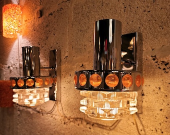 Chrome wall lights in orange Space Age style - Massive Belgium - vintage glass from the 70s