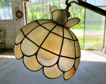Upcycled Design Table Lamp – 1960s Capiz Shell Shade, Art Nouveau Style – Atelier Broussal
