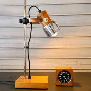 Vintage 1970s Italian Pine and Chrome Lamp - Rare Spotlight Table Lamp + Matching Alarm Clock