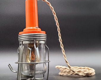 Upcycled mechanic's work light - industrial style - pop orange, French vintage