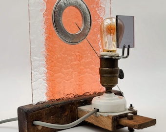 Upcycled Light Sculpture: Eclectic Wood & Textured Glass Lamp