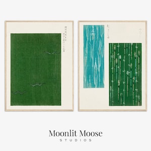 May include: Two framed prints of Japanese woodblock prints. The left print features a green background with white birds flying across the sky. The right print features two different patterns of green and blue plants. The text on the prints is in Japanese.