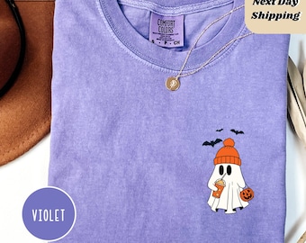 Comfort Colors® Camicia da caffè fantasma carino, t-shirt da caffè ghiacciato carino piccolo fantasma, camicia fantasma Boo, camicia da caffè fantasma, amanti del caffè di Halloween