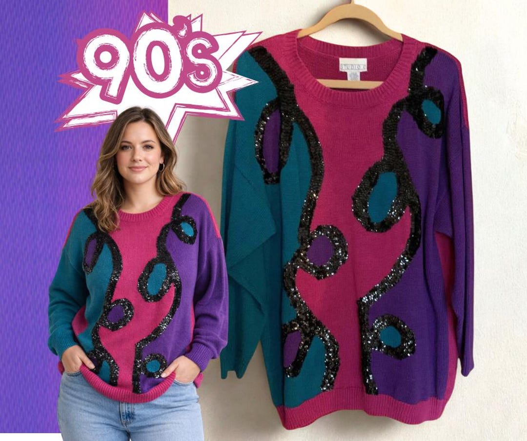 Vintage 90s Color Block Sequin Sweater XL Abstract Art Knit Pullover - Etsy