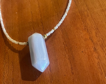 Handmade Glass Beaded Necklace: Brass & Chalcedony, 18 inch