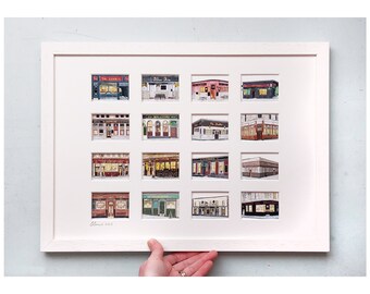16 Little Glasgow Pubs in Wooden Frame - giclee, archival print