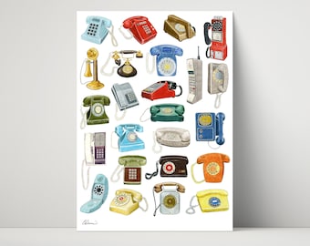 24 Telephones - archival giclee Print created from pencil drawing / illustration