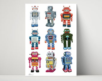 Tin Robots - archival print created from colour pencil drawings
