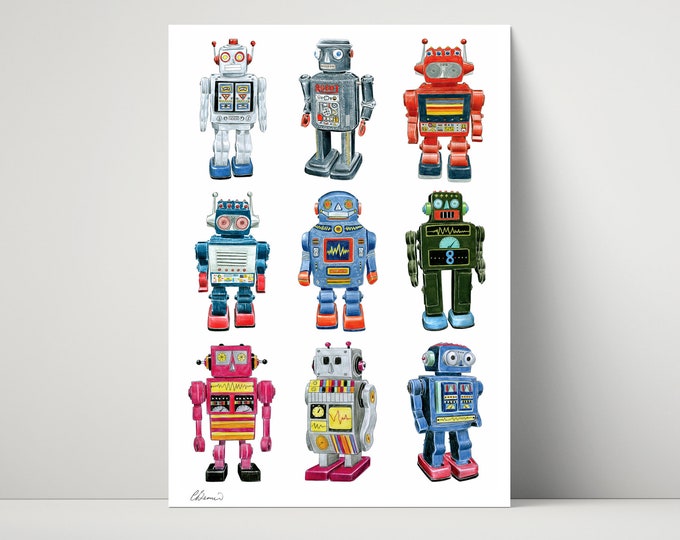 Tin Robots - archival print created from colour pencil drawings