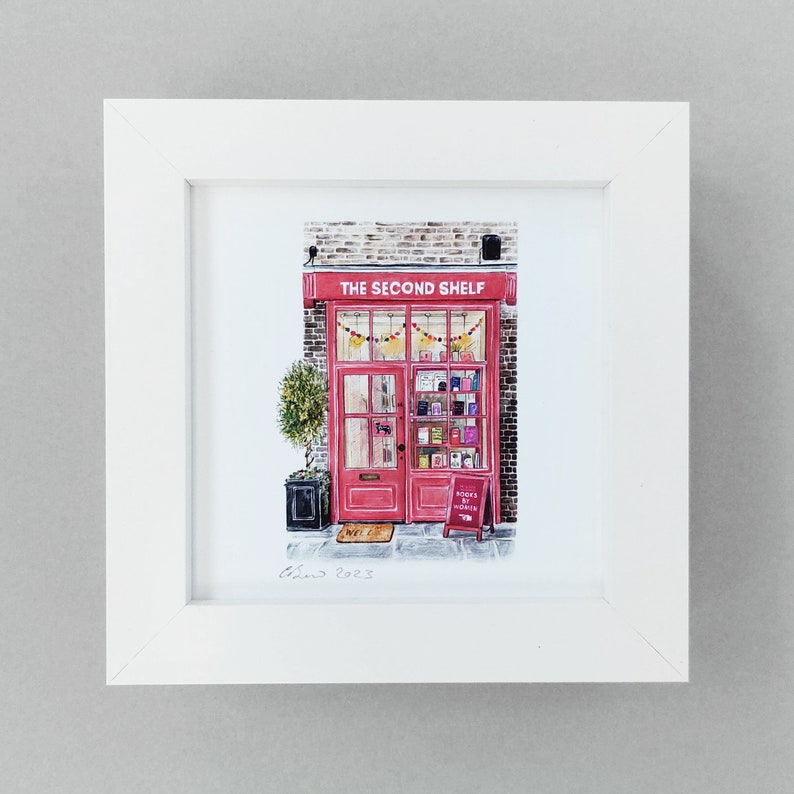 Mini Framed Bookshop Print Second Shelf Bookshop print in small white box frame image 1