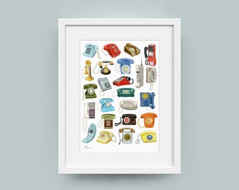 24 Telephones - archival giclee Print created from pencil drawing / illustration