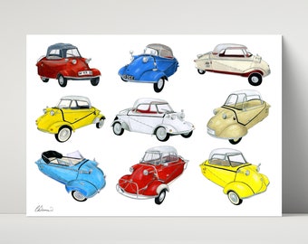 Messerschmitt Microcars Bubblecars print - archival print created from drawings of Messerschmitt bubble cars