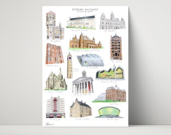 Glasgow Buildings Print - archival print of illustration. Glasgow Architecture Print