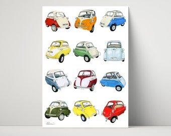 Isetta Microcars Bubblecars print - archival print created from drawings of colourful Isetta Microcars