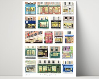 London Bookshops Collection - archival print of illustrations / drawings of 18 London Bookshops